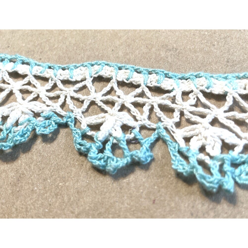 Hand Crocheted Lace Trim Cream Light Blue Open Work Scalloped 2.5 Yards 1.5”